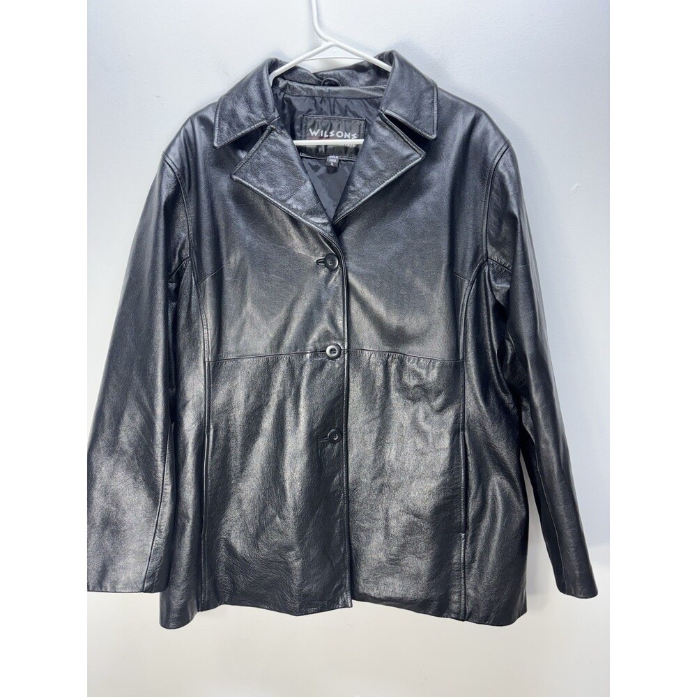 VTG Wilsons  Genuine Leather Jacket Women's  Black Button Up Coat Pocketssz XL